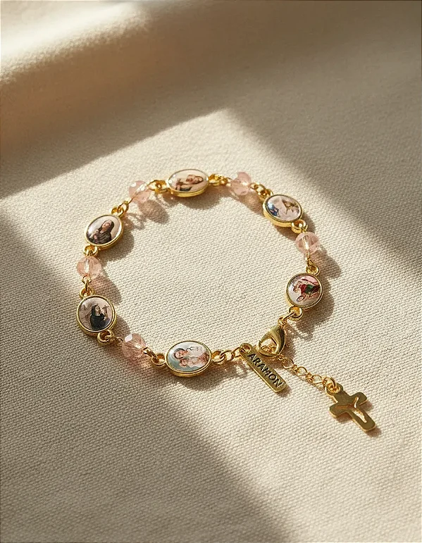 Pulseira Santas Mães Medalhas Resinadas Cruz C/ Vidrinho
