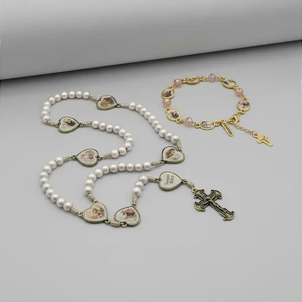 Conjunto Terço E Pulseira Santas Mães C/ Vidrinho E Folheto