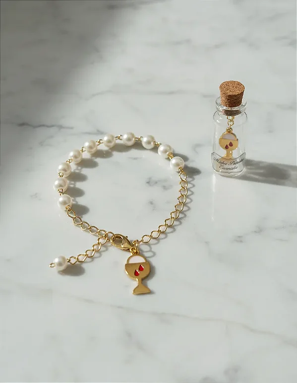 Pulseira Dezena Pérolas Primeira Eucaristia C/ Vidrinho