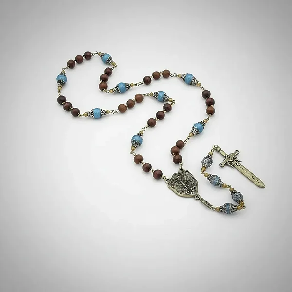 Novena Terço São Miguel Arcanjo Madeira 8mm Azul C/ Folhetos