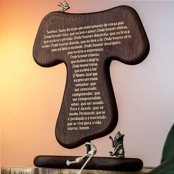 Cruz De Mesa Tau Franciscano 15cm Madeira Com Oração