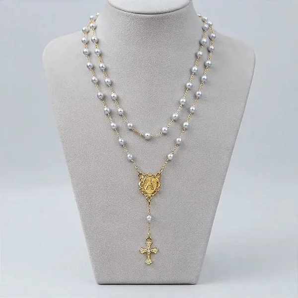 Colar Pérola Dourado Nossa Senhora Aparecida - Duas Voltas