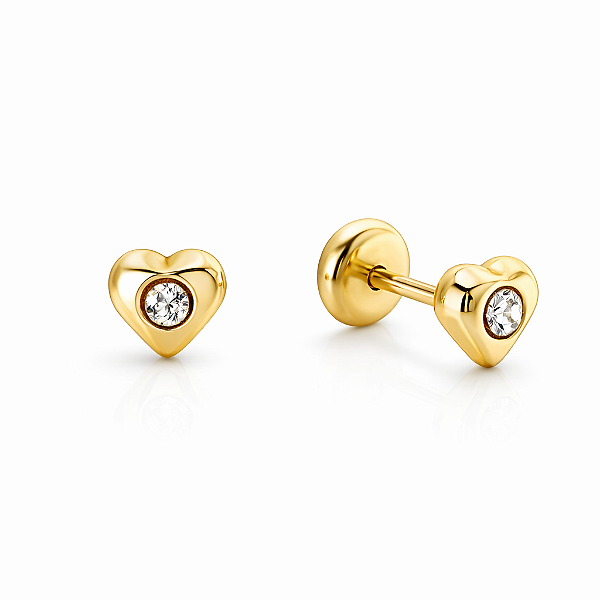 Brinco Infantil Coração Pedrinha Folheado Ouro 18k Hipoalergênico Tarraxa Baby Delicado