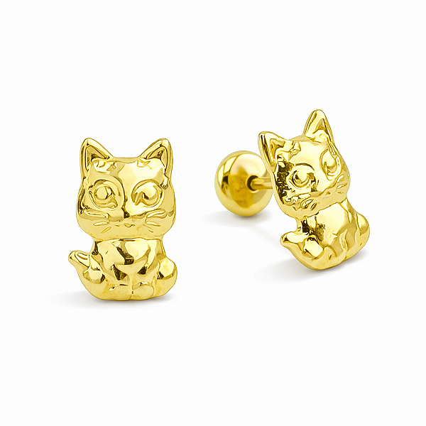 Brinco Infantil Gatinho Folheado a Ouro 18k Hipoalergênico Tarraxa Baby Brinco Pet Delicado Feminino