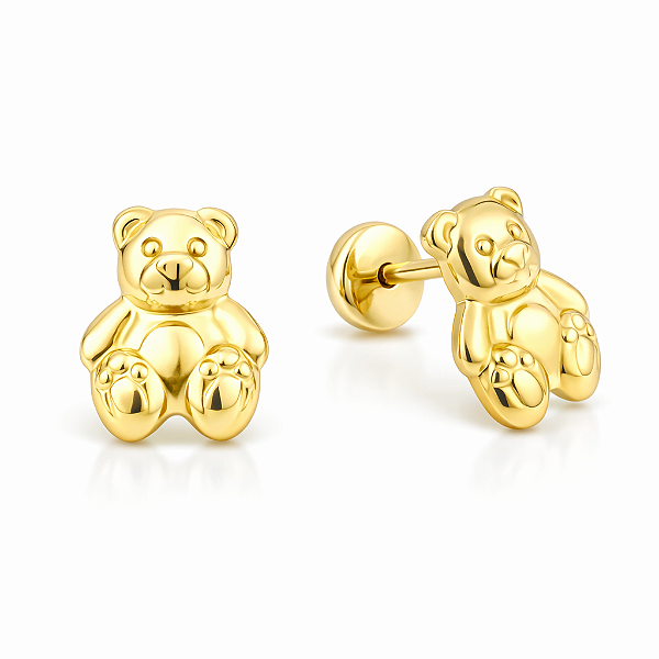 Brinco Infantil Ursinho Folheado a Ouro 18k Hipoalergênico Tarraxa Baby Delicado Feminino