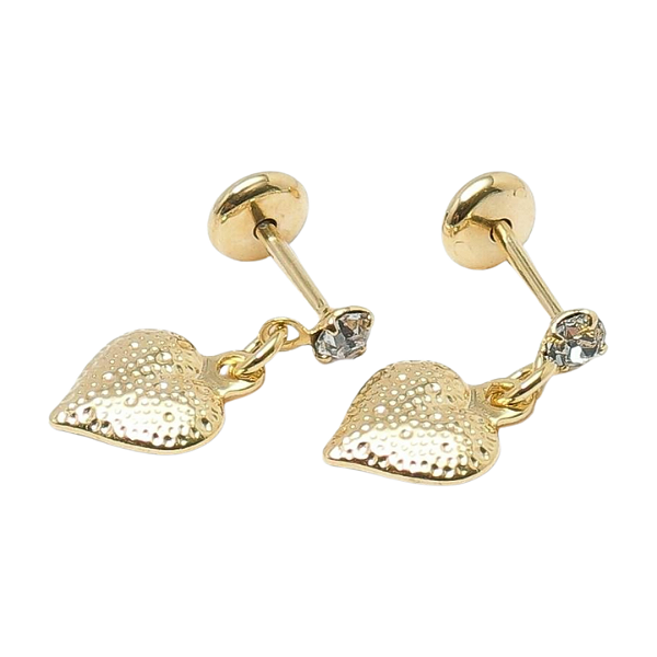Brinco Baby Coração Craquelado com Pedra 2,5mm Folheado a Ouro