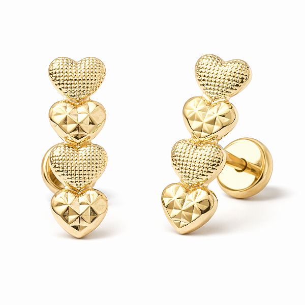 Brinco Baby 4 Corações Reto Diamantado Folheado a Ouro