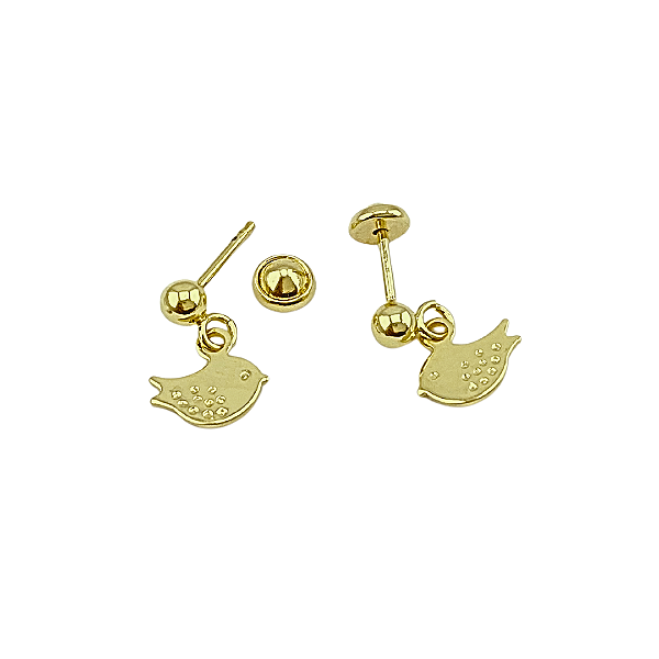 Brinco Infantil Passarinho com Bolinha Folheado a Ouro