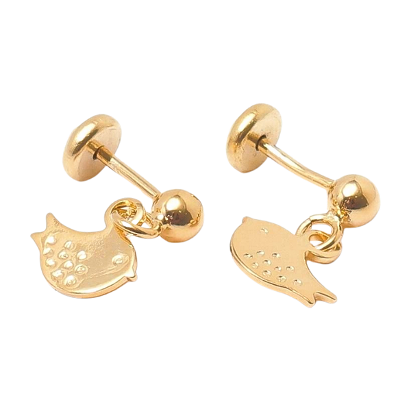 Brinco Infantil Passarinho com Bolinha Folheado a Ouro