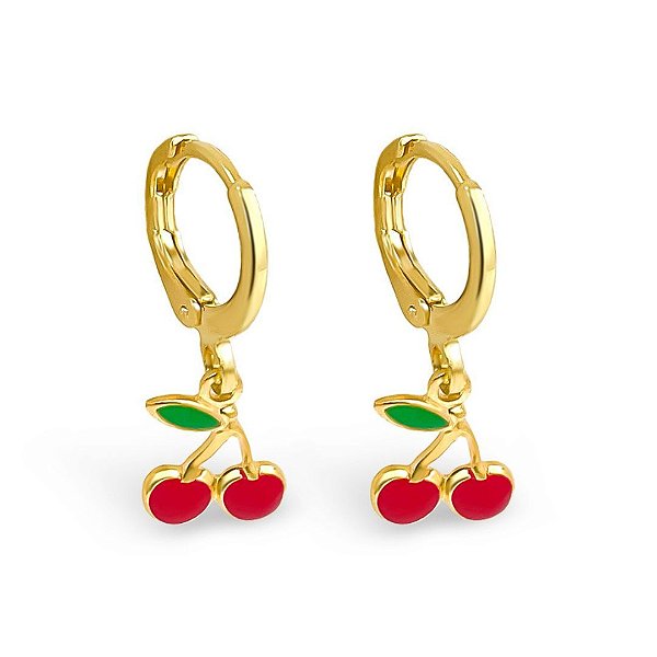 Brinco Argolinha de Cereja com Resina Folheado a Ouro