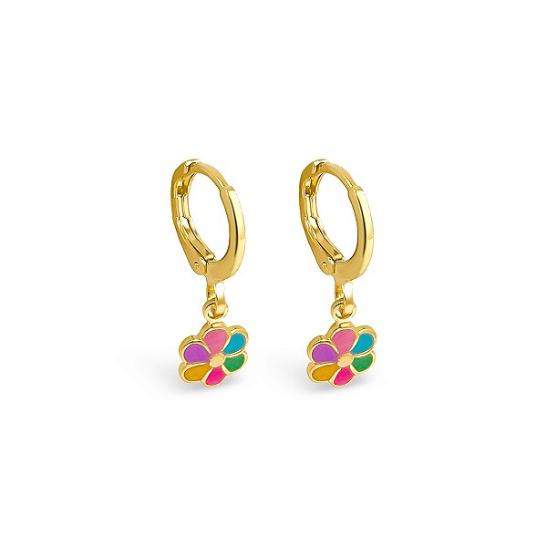 Brinco Argolinha Florzinha Multicor Folheado a Ouro