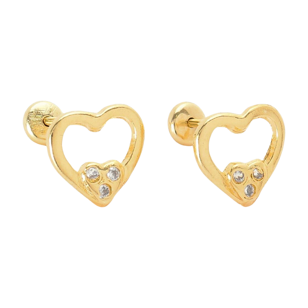 Brinco Baby Coração Vazado com Pedra Zircônia 2,5mm Folheado a Ouro
