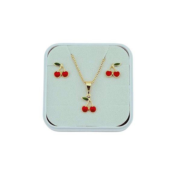 Conjunto Infantil Brinco E Colar Cereja Folheado a Ouro