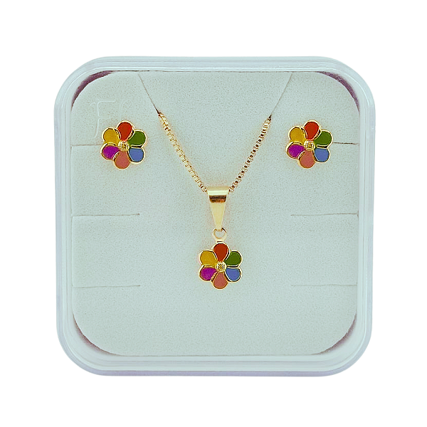 Conjunto Infantil Brinco E Colar Florzinha Folheado a Ouro