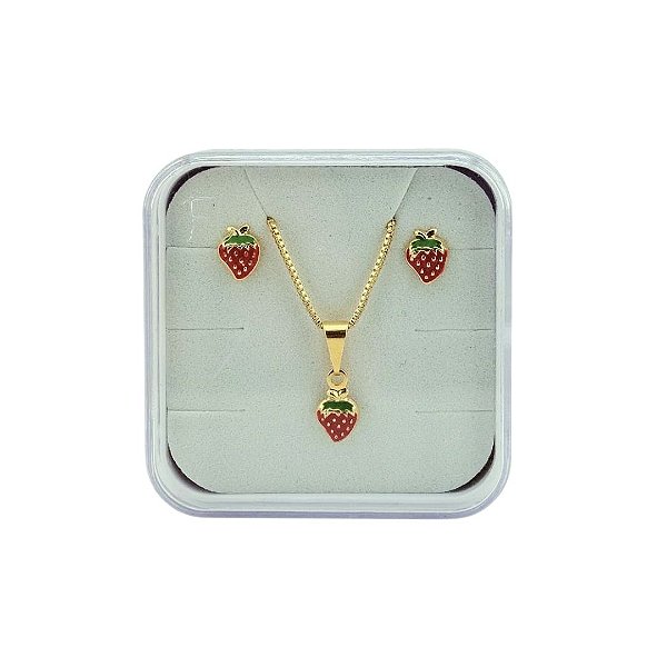 Conjunto Infantil Brinco E Colar Morango Folheado a Ouro