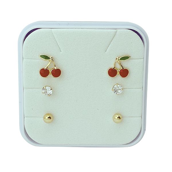Trio Cerejinha Brincos Infantis Folheado a Ouro com Tarraxa Baby Hipoalergênicos e Caixinha Acrílica