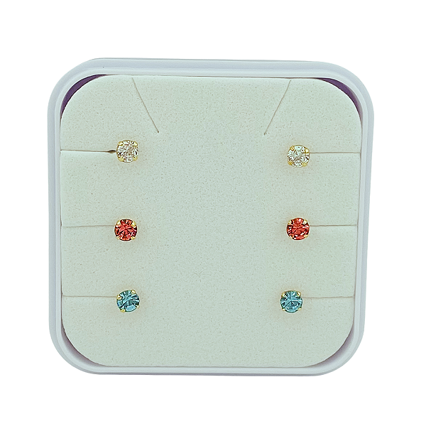 Trio Brinco Infantil Pedrinha 3mm Zircônia Cristal, Vermelha e Azul Folheado a Ouro