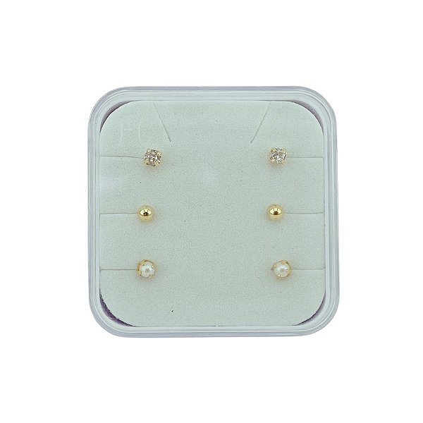 Brinco Trio Baby Bolinha, Pedrinha e Perola Folheado a Ouro