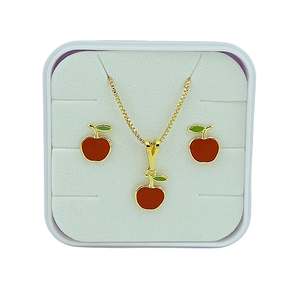 Conjunto Infantil Brinco Maça, Colar e Pingente Folheado a Ouro