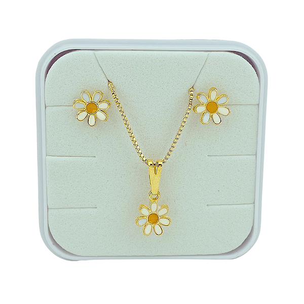 Conjunto Feminino Infantil Colar, Brincos Baby e Pingente Flor Folheado a Ouro