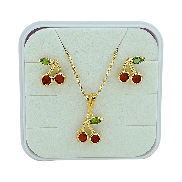 Conjunto Infantil Colar Veneziana, Brinco Baby e Pingente Cerejinha Cravejada Folheado Ouro