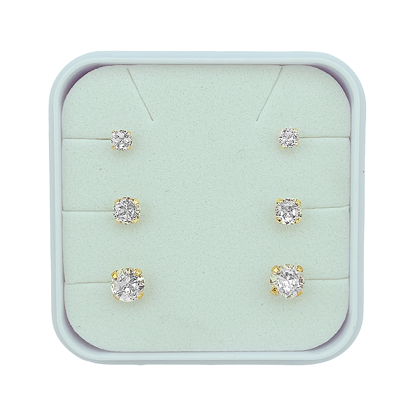 Trio Brincos Pedrinha Zircônia 3, 4 e 5mm Folheado a Ouro Tarraxa Baby