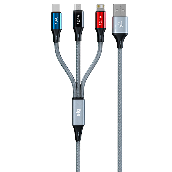 Cabo 3 em 1 Lightning Tipo-C e Micro USB, Carga Rápida 15W 3A, Nylon Trançado, 1,2 metros, Cinza, CS-31CZ, ELG