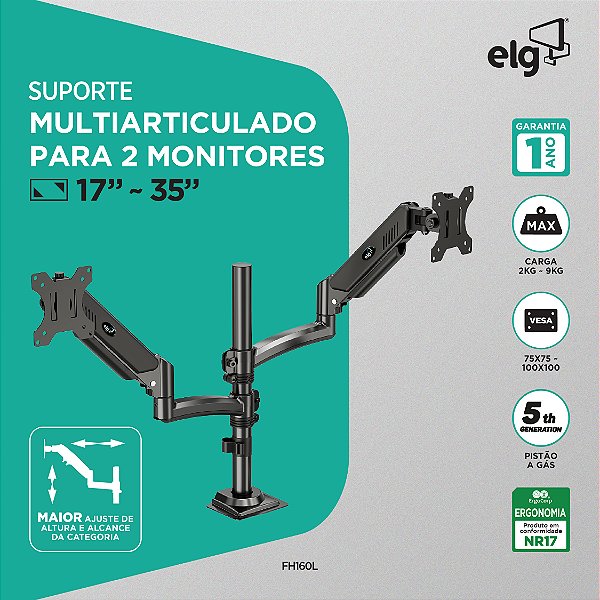 Suporte Ergonômico Tipo Torre Multiarticulado de Mesa, 2 Monitores 17" a 35", Pistão a Gás, Preto, FH160L, ELG