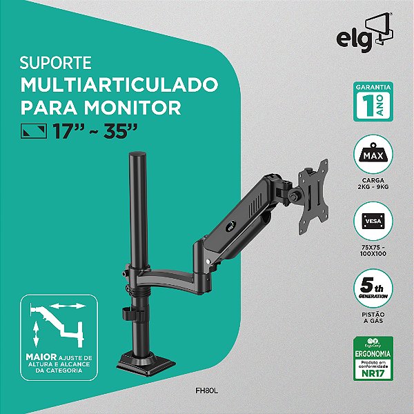 Suporte Ergonômico Articulado de Mesa, Monitor 17" a 35", Pistão a Gás, Giro 360°, Suporte Até 9kg, Preto, FH80L, ELG
