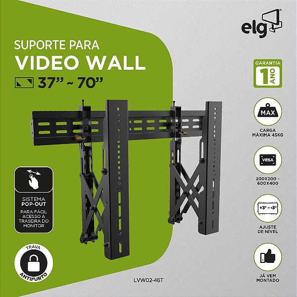Suporte Videowall de Parede Retrátil com Pop-Out, Monitor LCD/LFD 37" a 70", Preto, LVW02-46T, ELG