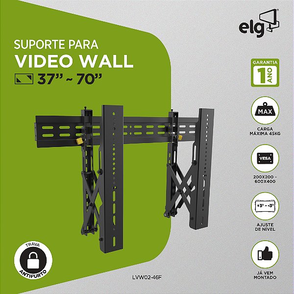 Suporte Videowall de Parede Retrátil, Monitor LCD/LFD 37" a 70", Preto, LVW02-46F, ELG