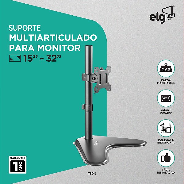 Suporte Ergonômico Articulado de Mesa, Monitor 15" a 32", Ajuste de Altura, Até 8kg, Giro 360°, Preto, T80N, ELG
