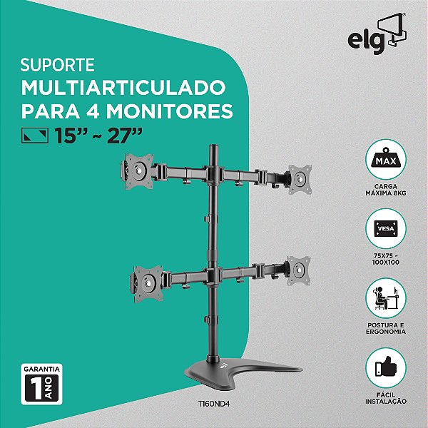 Suporte Ergonômico Articulado de Mesa, 4 Monitores 15" a 27", Altura Ajustável, Até 8kg por Monitor, Preto, T160ND4, ELG