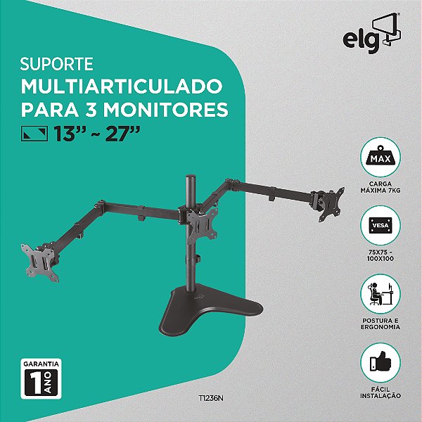 Suporte Ergonômico Articulado de Mesa, 3 Monitores 13" a 27", Ajuste de Altura, Até 7kg por Monitor, Preto, T1236N, ELG