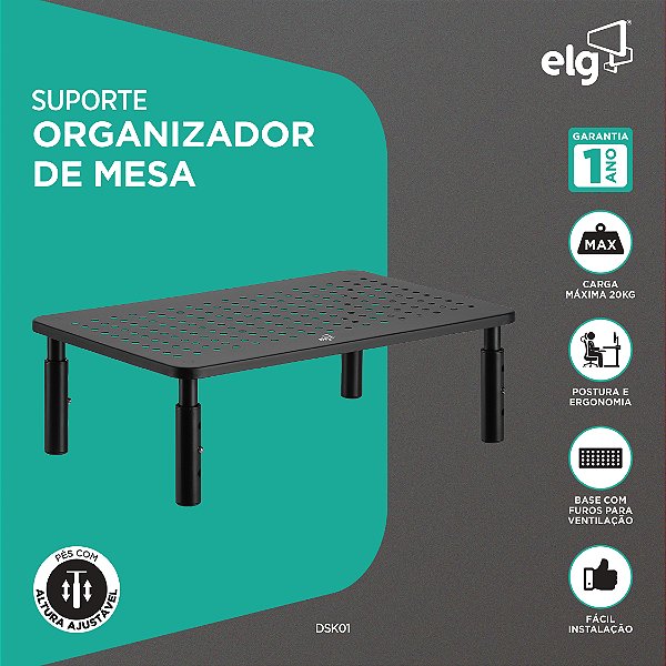 Suporte Organizador de Mesa para Monitor até 32", Ajustável 3 Alturas, Ventilado, Suporte Até 20kg, Preto, DSK01, ELG