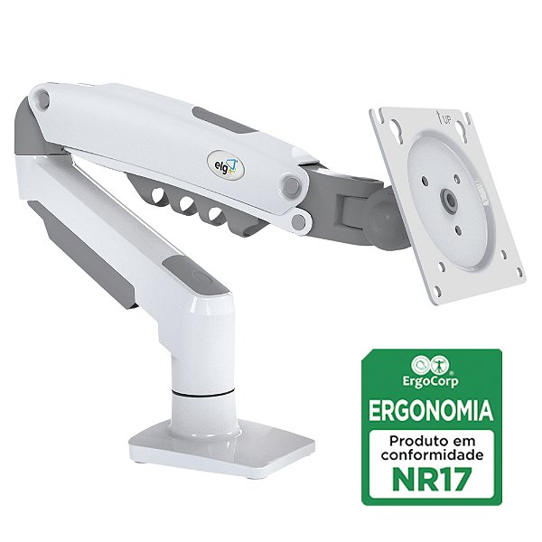 Suporte Ergonômico de Mesa, Monitor 17" a 35", Pistão a Gás, Giro 360°, Suporta Até 9kg, Branco, F80W, ELG