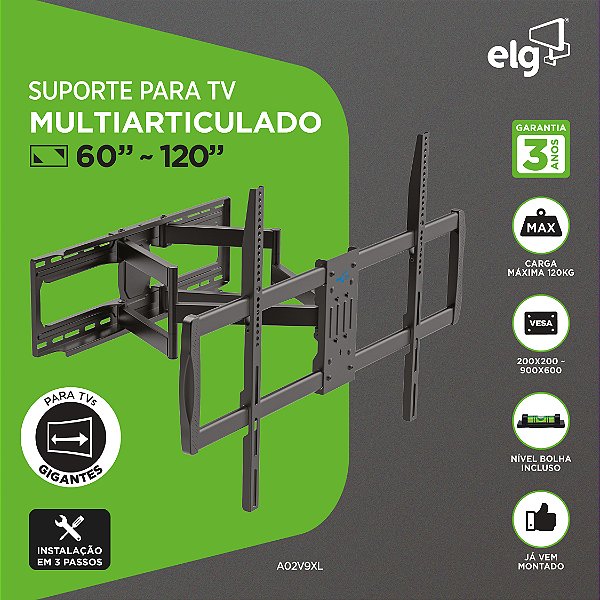 Suporte Articulado de Parede para TV 60” a 120”, 120kg, VESA 900x600, Preto, ELG A02V9XL