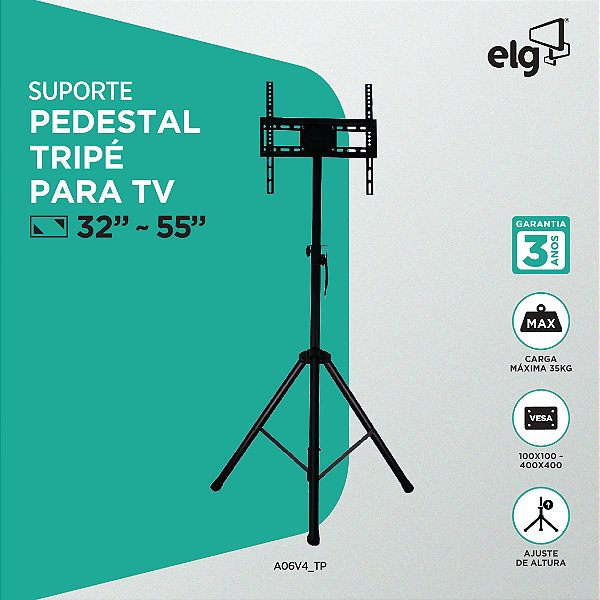 Suporte Pedestal Tipo Tripé para TV, 32" a 55", Suporte Até 35kg, Altura Ajustável 124-188cm, Preto, A06V4_TP, ELG