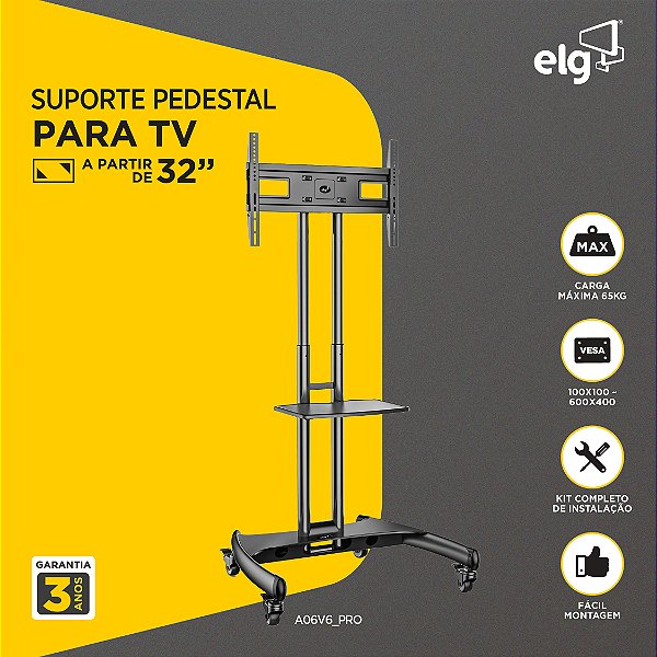 Suporte Pedestal Móvel para TV, Suporte Até 65kg, Rodízios, Altura Ajustável 112-152cm, Preto, A06V6_PRO, ELG