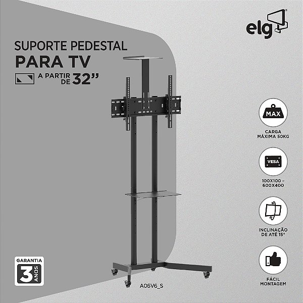 Suporte Pedestal Móvel para TV, 32" a 75", Suporte Até 50kg, Altura Ajustável, Inclinação, Rodízios, Preto, A06V6_S, ELG