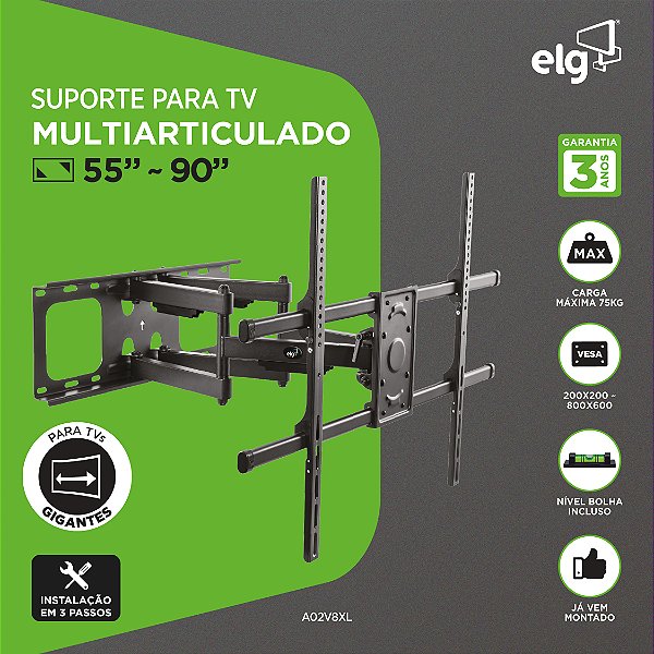 Suporte Articulado de Parede para TV, 55" a 90", Suporte Até 75kg, Distância Ajustável, Preto, A02V8XL, ELG