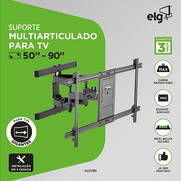 Suporte Multiarticulado de Parede para TV, 50" a 90", Suporte Até 60kg, Preto, A02V8N, ELG