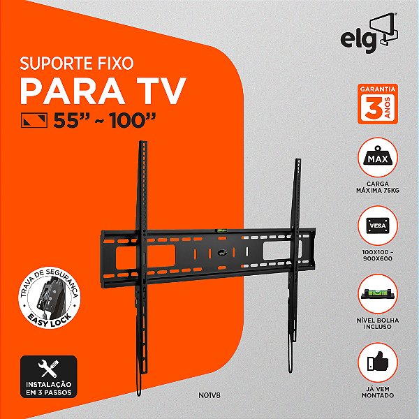 Suporte Fixo de Parede para TV, 55" a 100", Suporte Até 75kg, Preto, N01V8, ELG