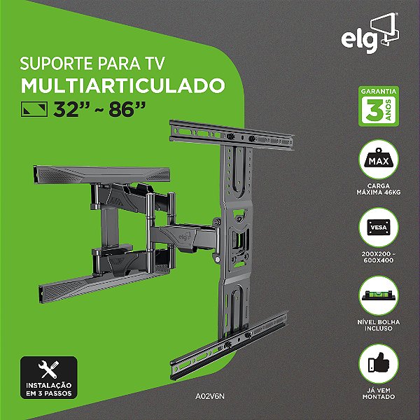 Suporte Articulado de Parede para TV, 32" a 86", Suporte Até 46kg, Distância Ajustável 5-38cm, Preto, A02V6N, ELG