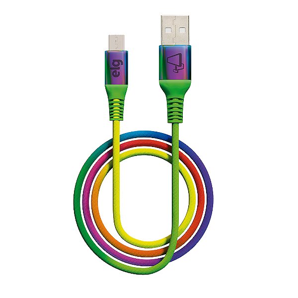 Cabo Micro USB, Sincronização e Recarga 12W 2.4A, Nylon Trançado Rainbow, 1 metro, Multicolorido, M510RB, ELG
