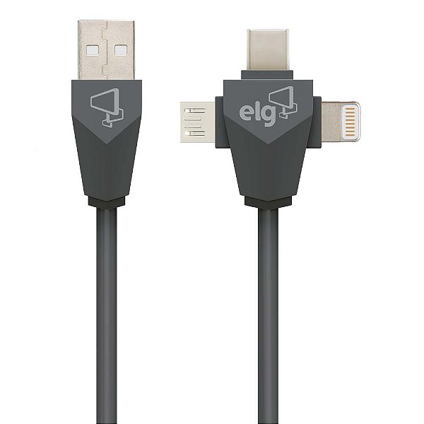 Cabo 3 em 1, Sincronização e Recarga 12W 2.4A, Lightning, USB Tipo-C e Micro USB, 1,5 metro, Cinza, PW31C, ELG