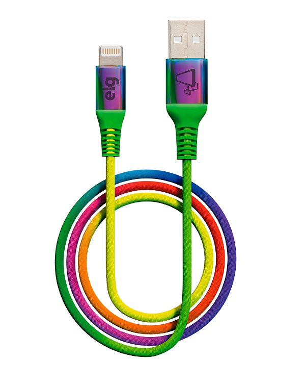Cabo Lightning, Sincronização e Recarga 12W 2.4A, Nylon Trançado Estilo Rainbow, 1 metro, Colorido, L810RB, ELG