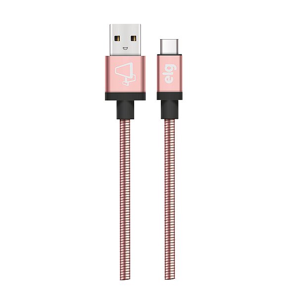 Cabo USB Tipo-C, Sincronização e Recarga 15W 3A, Aço Inox Ultra Resistente, 1 metro, Rose Gold, INXC10RG, ELG