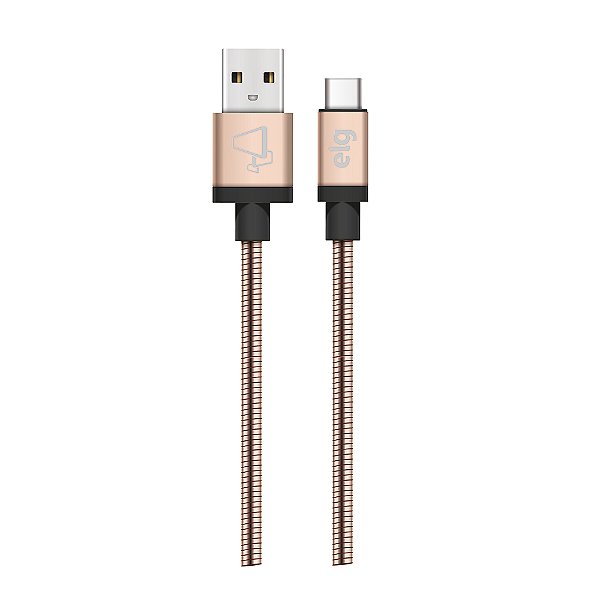 Cabo USB Tipo-C, Sincronização e Recarga 15W 3A, Aço Inox Ultra Resistente, 1 metro, Dourado, INXC10GD, ELG