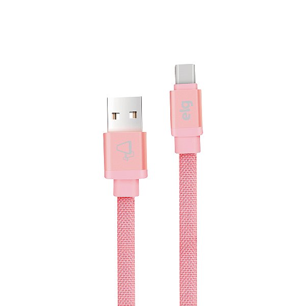 Cabo USB Tipo-C, Sincronização e Recarga 12W 2.4A, Tecido Reforçado, 1 metro, Rosa, CNVC10PK, ELG